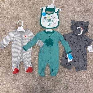 Carter’s NB sleepers, bib, and romper